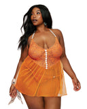 Floral Lace & Mesh Babydoll W/ White Daisy Trim Tangerine Q/s