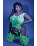 (d) Glow Supersonic Mosaic Bodystocking Neon Green Q/s