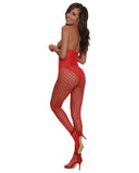Open Cup Bodystocking W- Knitted Lace Teddy Lipstick Red O-s