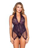 Halter Plunge Front Stretch Lace Teddy Eggplant O-s