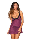 Stretch Mesh Babydoll W- Contrast Lace Mulberry O-s