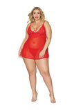 Lace & Mesh Babydoll & G- String Set Lipstick Red Q/s