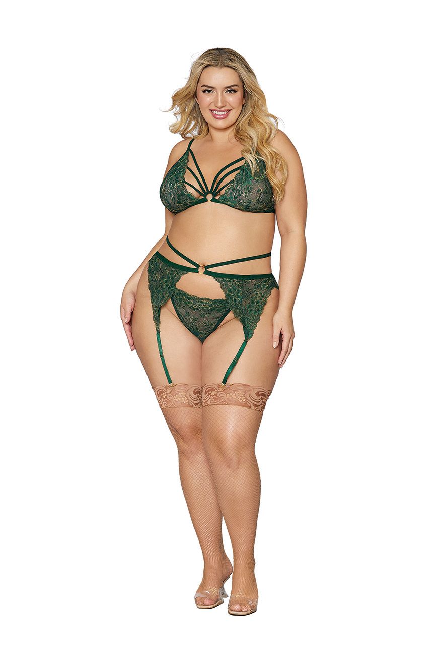 (wd) Metallic Stretch Lace 3pc Evergreen Q/s