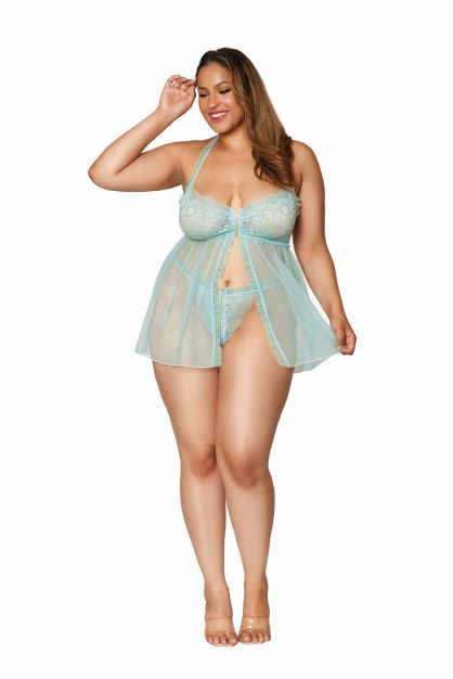 (d) Stretch Lace Babydoll Set Ruffle Trim Mint Q/s