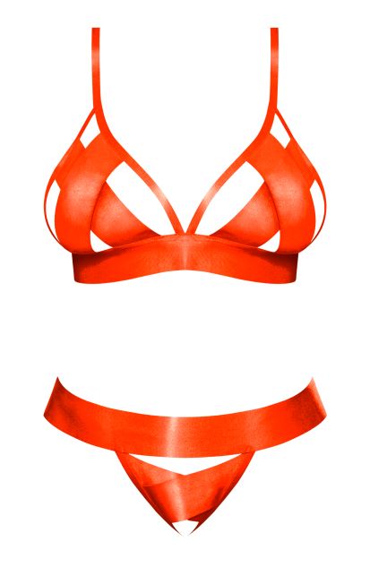 Strap Tease Bra & Crotchless Panty Neon Orange 2xl