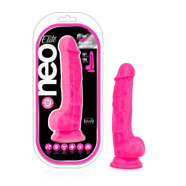 Neo Elite 7.5in Silicone Dual Density Cock W- Balls Neon Pink