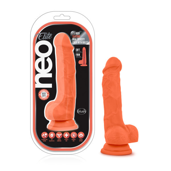 Neo Elite 7.5in Silicone Dual Density Cock W- Balls Neon Orange