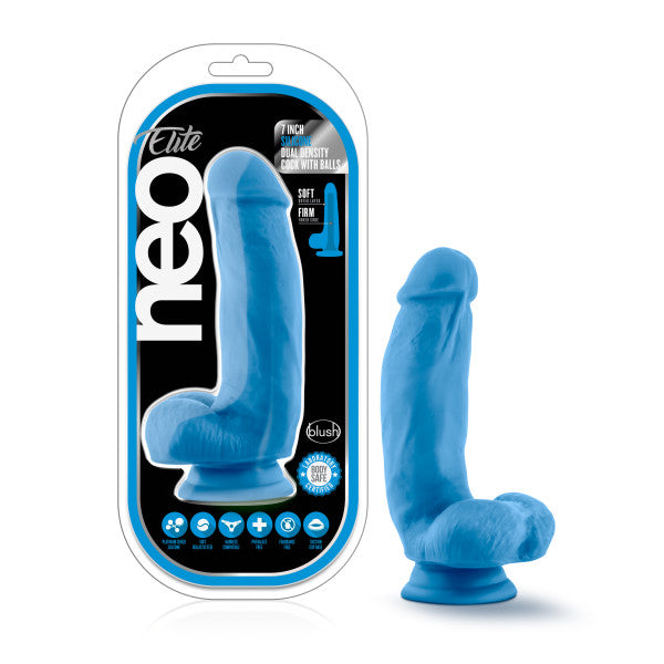 Neo Elite 7in Silicone Dual Density Cock W- Balls Neon Blue