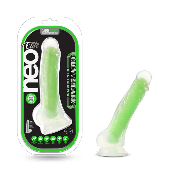 Neo Elite Glow In The Dark 7.5 In Silicone Dual Density Cock W- Balls Neon Green