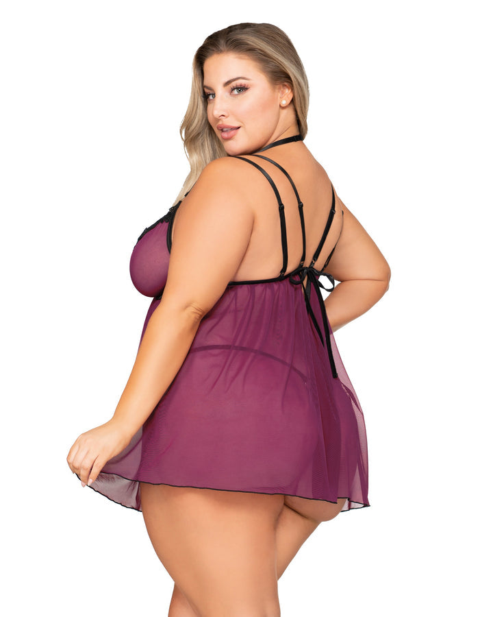 Stretch Mesh Babydoll W- Contrast Lace Mulberry Q-s