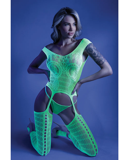 (d) Glow Supersonic Mosaic Bodystocking Neon Green O/s