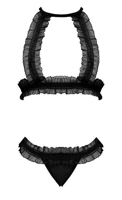Ruffled Halter Bra & Thong Black S-m