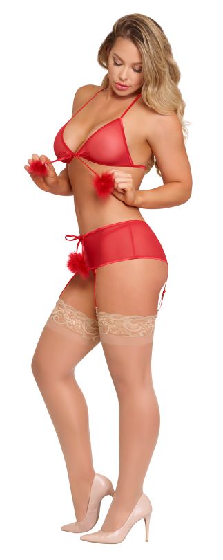 Marabou Bra Skirt & G-string Red 2xl